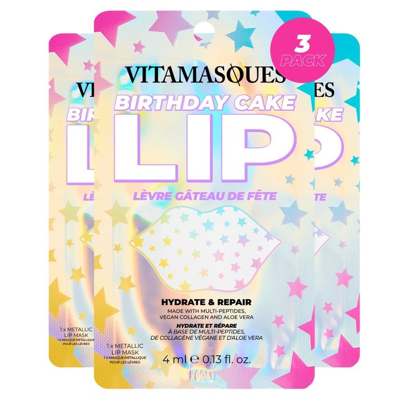 Vitamasques Lip Mask - Birthday Cake Collagen Sheets for Dry & Chapped Lips | Nourishing & Hydrating 3-Pack
