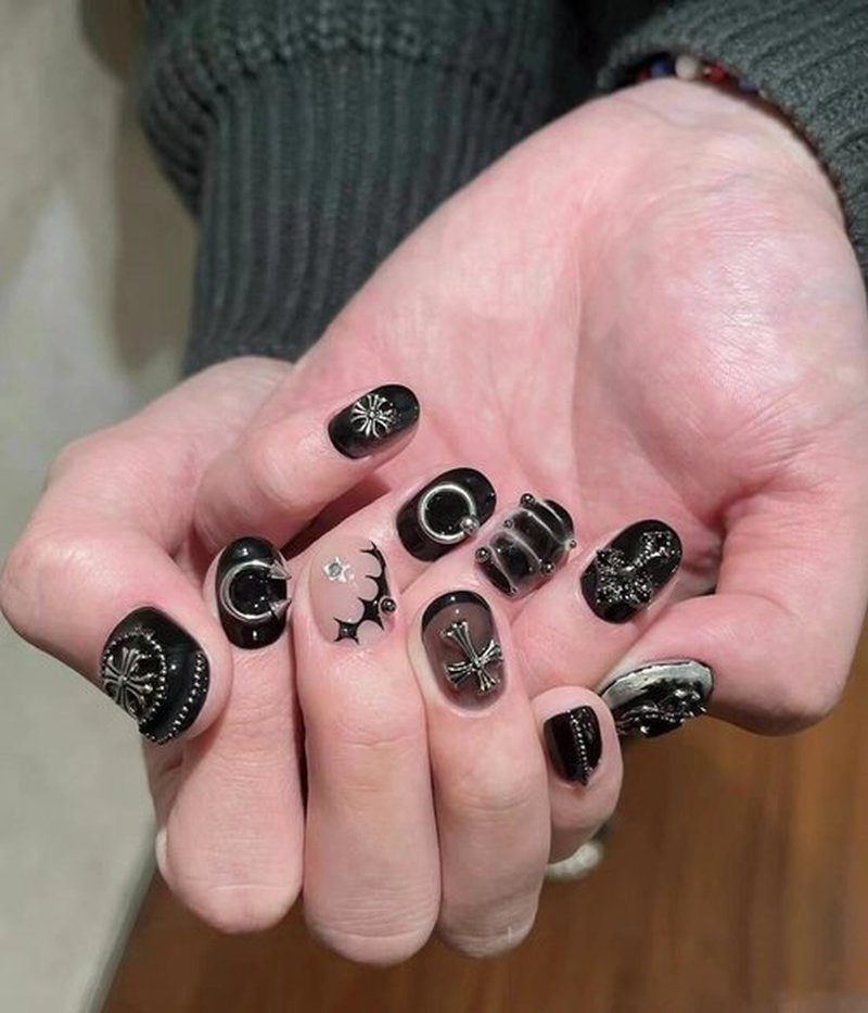 Handmade Press On Nails Dark Small Short Armor Short Square Fake Nails 10Pcs(M)