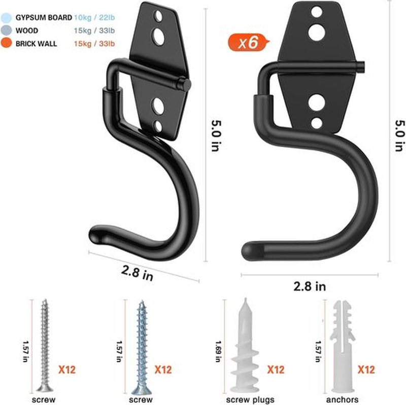 HUPBIPY Heavy-Duty Metal Garage Hooks - 6 Pack S Hooks for Tool Hangers & Storage Solutions