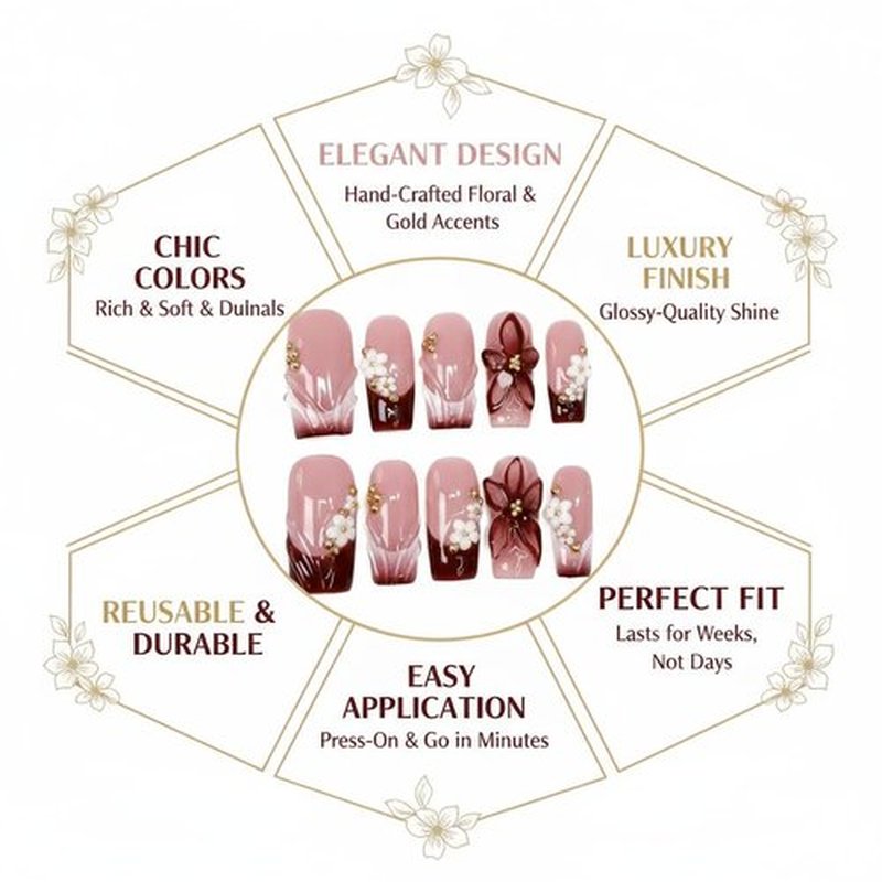 Handmade Press on Nails Medium Square Fake Nails Red French Tip with 3D Flower Designs luxury Pearl Charm Glossy Cute Acrylic Nails for Women 10pcs (Size M）