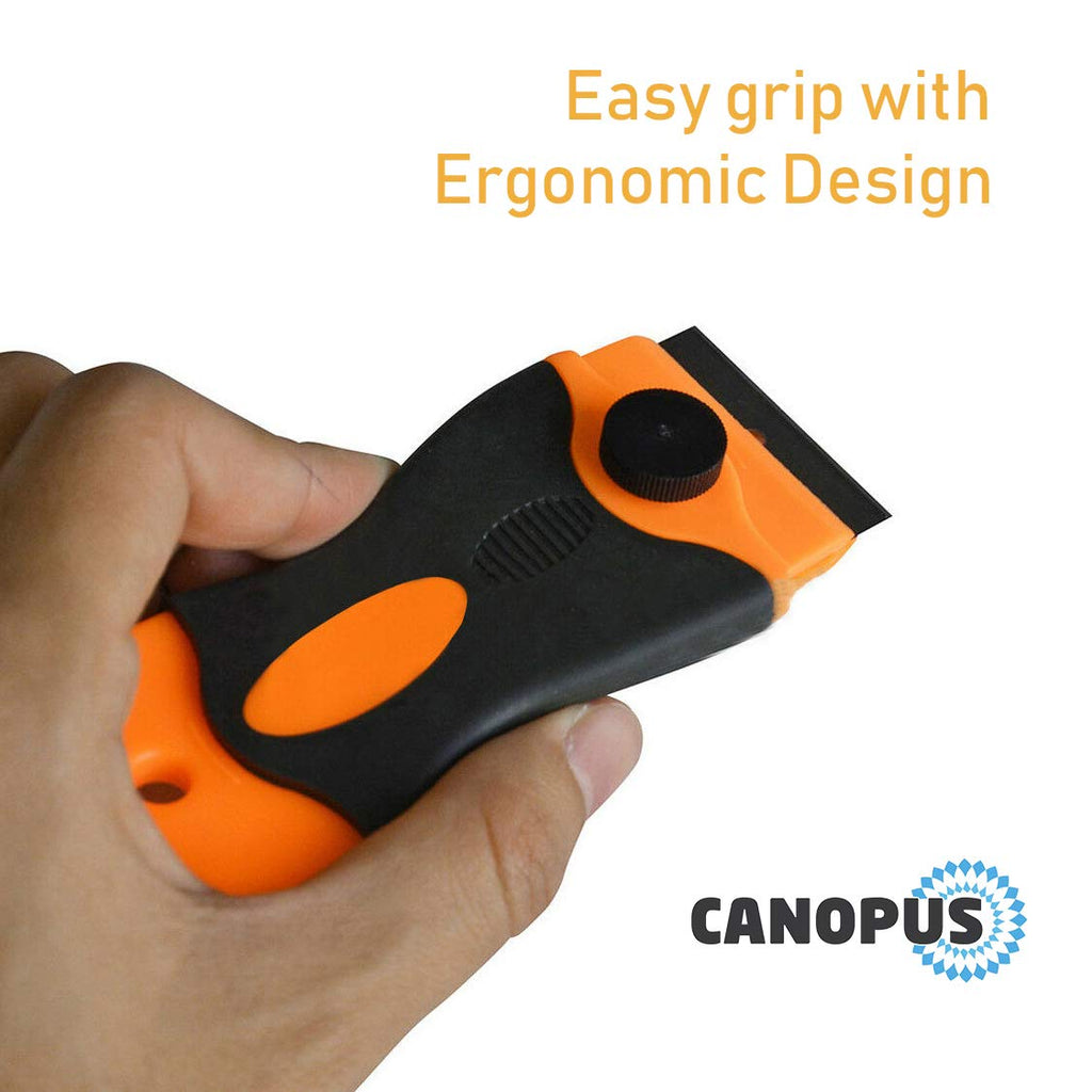 CANOPUS Plastic Razor Blade Scraper with 10 Double Edged Plastic Replacement Blades, Suitable to Remove Glue, Stickers, Decals, Gaskets, Auto Window Tint Vinyls, Black-Orange