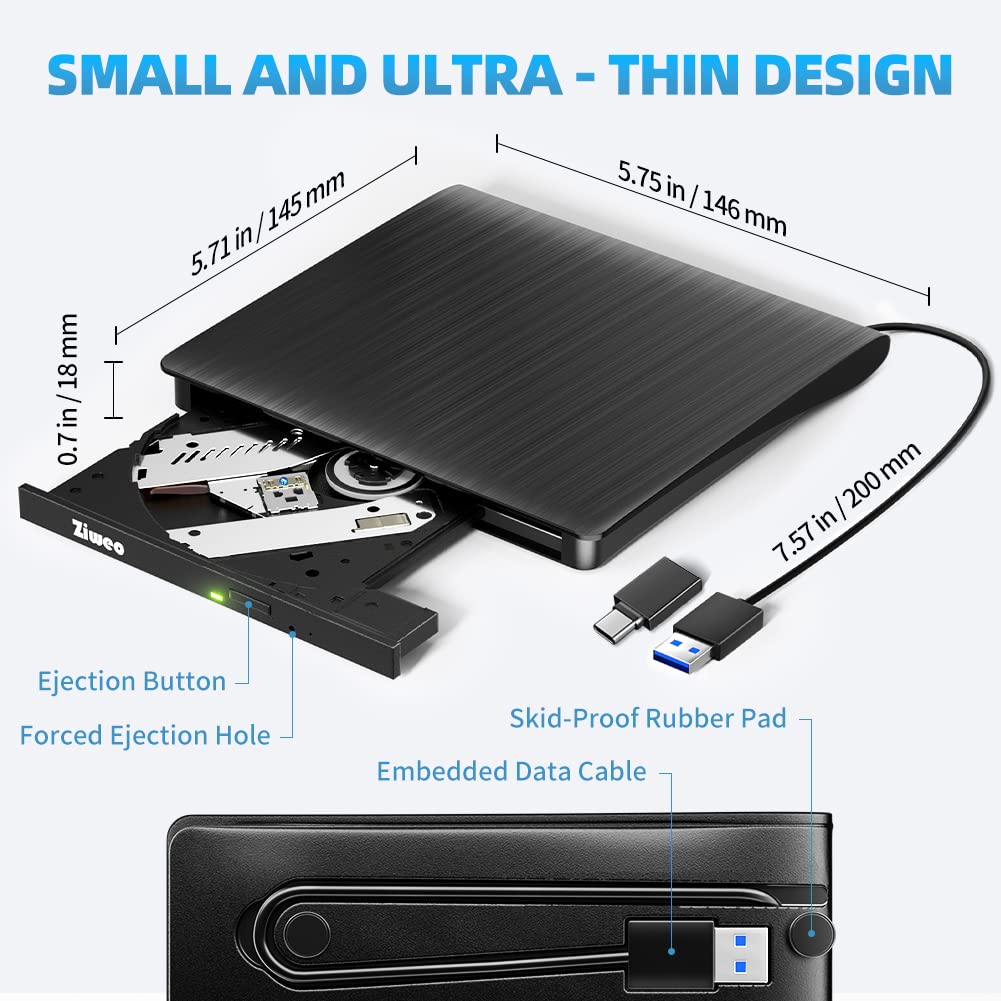 External USB 3.0 Type-C CD DVD +/-RW Drive - Portable CD ROM Reader & DVD Burner with Protective Carrying Case for Laptop/Desktop PC/Mac/Windows/Linux