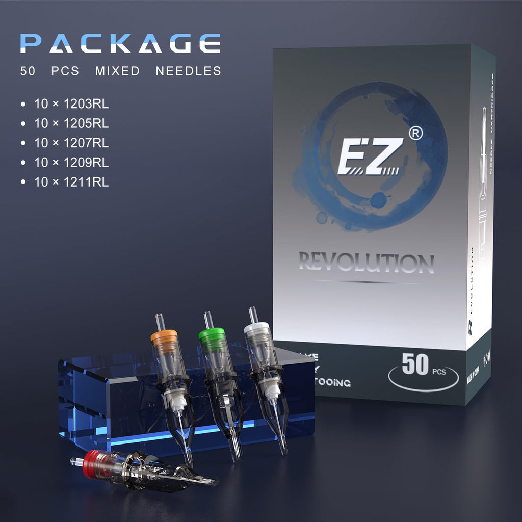 EZ Tattoo Cartridge Needles Assorted - 50Pcs #12 Mixed (3RL 5RL 7RL 9RL 11RL) Standard Round Liner Tattoo Needle Cartridges for Tattooing Rotary Tattoo Pen Machine Supply - Revolution