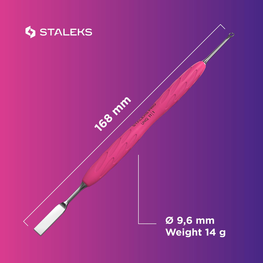 Staleks Pro Manicure Pusher Gummy UNIQ 11 Type 2 – Silicone Handle Cuticle Pusher Tool – Beveled & Loop Pusher – Stainless Steel – Ergonomic & Non-Slip Grip – Sterilizable & Durable