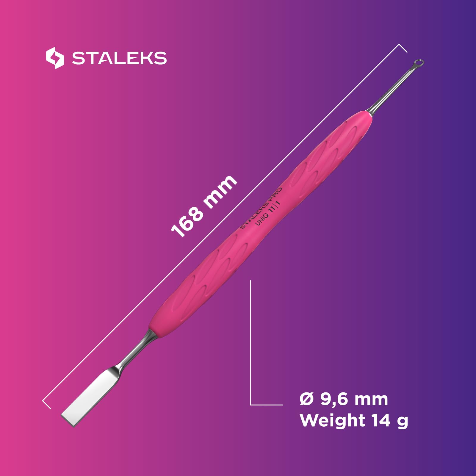 Staleks Pro Manicure Pusher Gummy UNIQ 11 Type 2 – Silicone Handle Cuticle Pusher Tool – Beveled & Loop Pusher – Stainless Steel – Ergonomic & Non-Slip Grip – Sterilizable & Durable