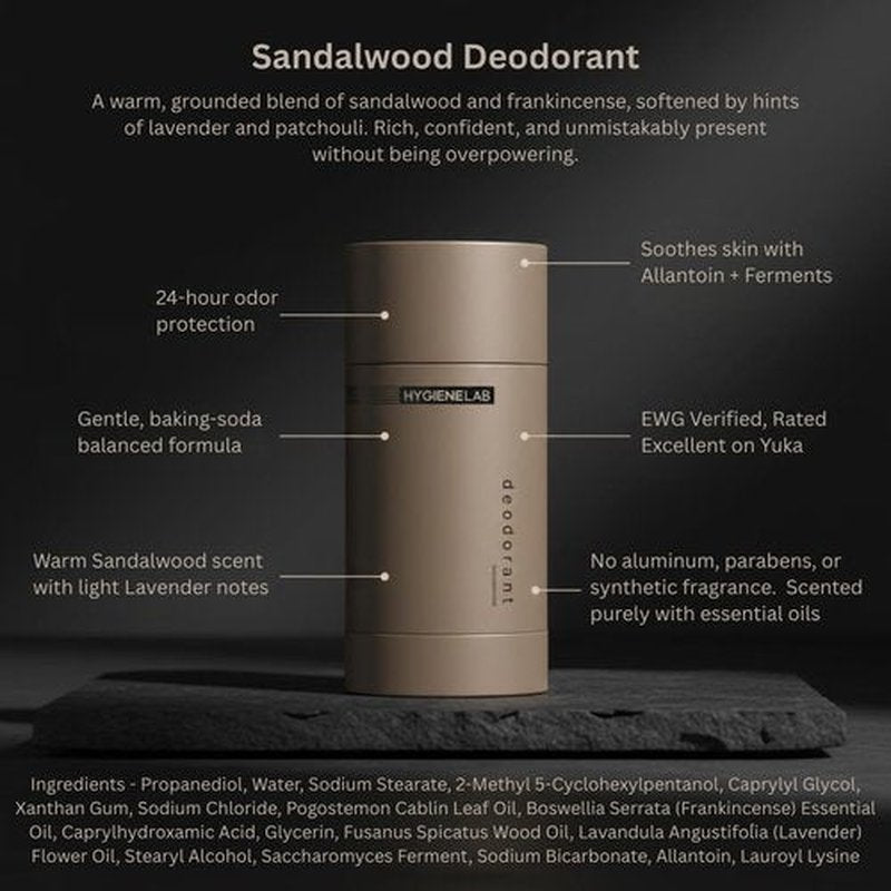 HygieneLab Men’s Deodorant - Aluminum-Free, 24-Hour Odor Protection | EWG Verified, Sandalwood Scent