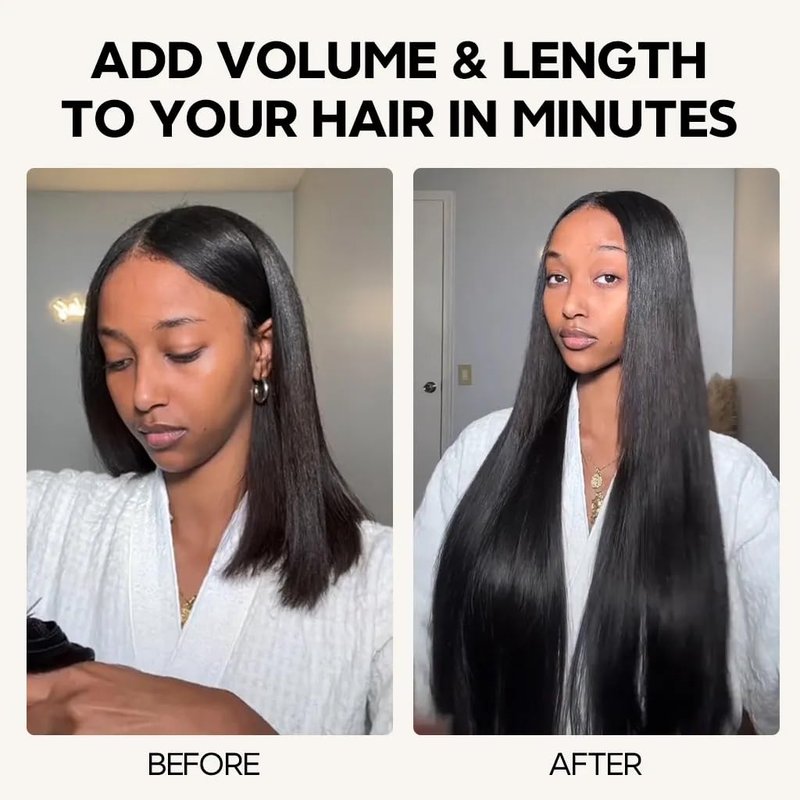 Yaki Straight Seamless Human Hair Clip in Extensions Full Max with 100% Real Soft Human Remy Human Hair Yaki Straight Clip Ins 7Pcs Per Set Natural Black (Yaki Stright, 16Inch)