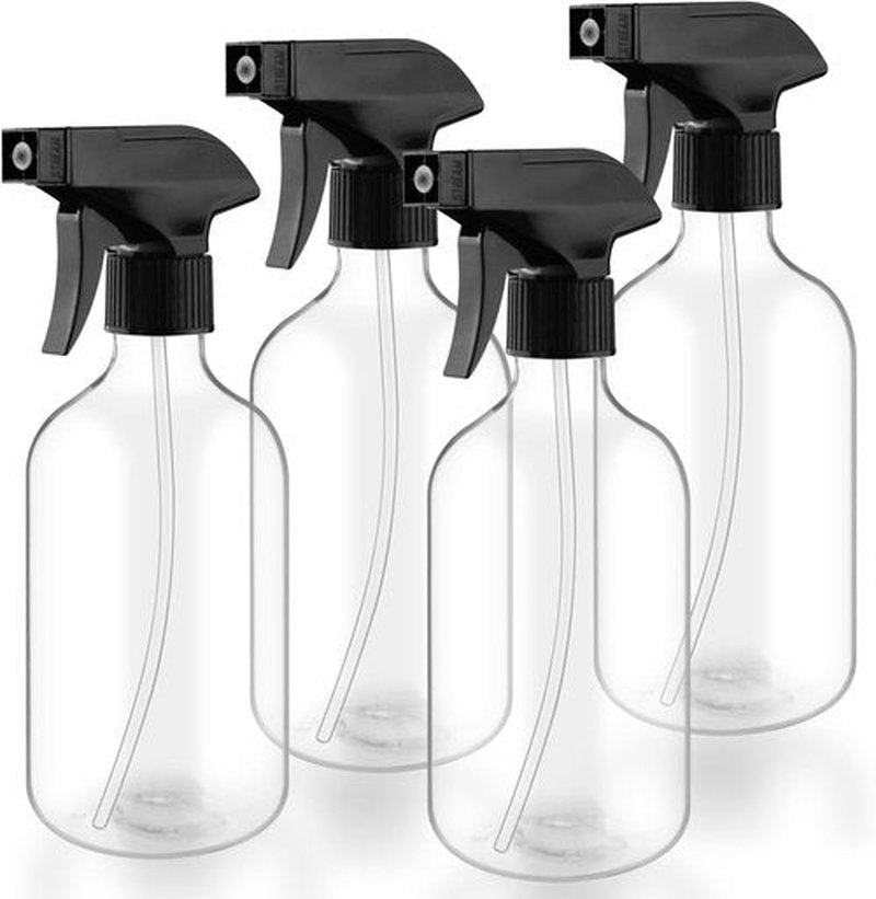 Skiennix 500ml Clear Boston Round Spray Bottles - Adjustable Nozzle for Cleaning, Hair Care & Gardening | 4-Pack