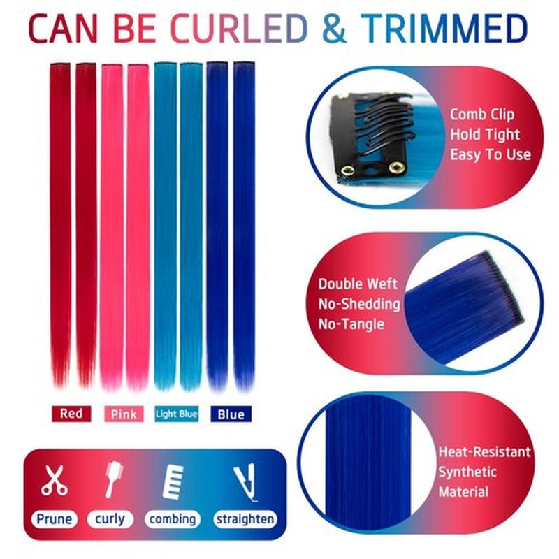 20 Packs Colored Hair Extensions 20Inch Straight Multi-Colors Party Highlights Clip In Hair Extension Synthetic Rainbow Hairpieces for Girls Gift(Blue, Navy Blue, Red, Pink)