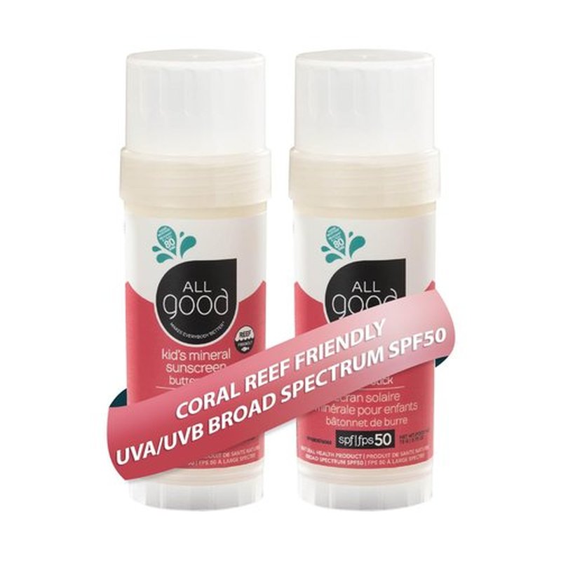 All Good Baby & Kids Mineral Sunscreen Butter Stick - SPF 50, UVA/UVB Protection, Coral Reef Friendly, 2.75 oz (2-Pack)