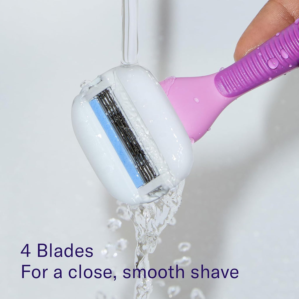 Flamingo Moisture Plus Women's Razor Set - No Shave Gel Needed - Razor Handle, 4 Blade Refills, Shower Holder - Fig