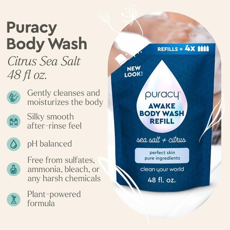 Puracy Body Wash Refill - Natural Moisturizing Shower Gel for Dry Sensitive Skin | 48 Oz, Citrus & Sea Salt Scent