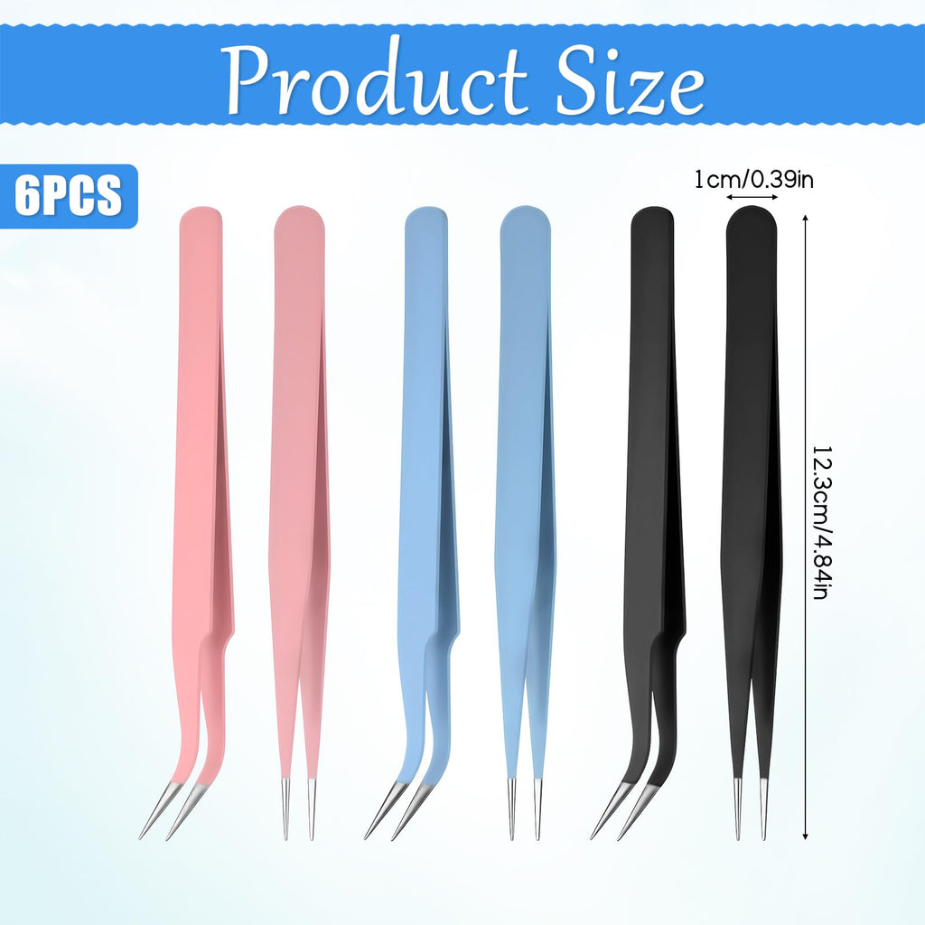 JJUNW 6 PCS Stainless Tweezers Straight Curved Tweezers, 3 Colors Precision Tweezer with Protective Cover for Eyelash Extensions Nail Art Stickers Electronics Scrapbooking Tools