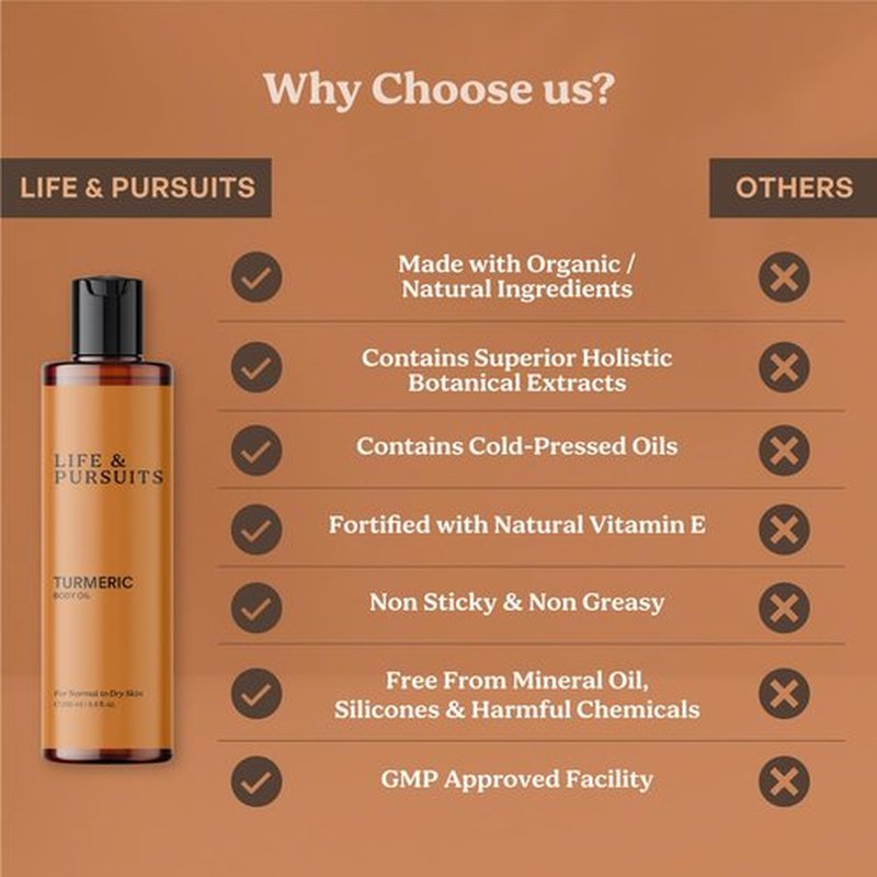 Life & Pursuits Turmeric Body Oil - Ayurvedic Natural Body Massage Oil with Vitamin E, Coconut Oil, Almond & Squalane| Reduces Dark Spots, Brightens Skin (6.8 Fl Oz (1Pack))