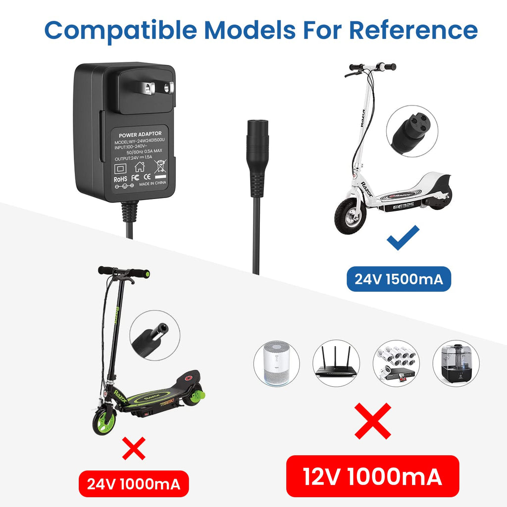 CGGXJP 24V 1500mA Electric Scooter Fast Battery Charger Replacement for Razor E100 E200 E300 MX350, 3-Prong Inline Female Power Cord for Dirt Quad, Pocket Mod, Sports Mod, Go Kart