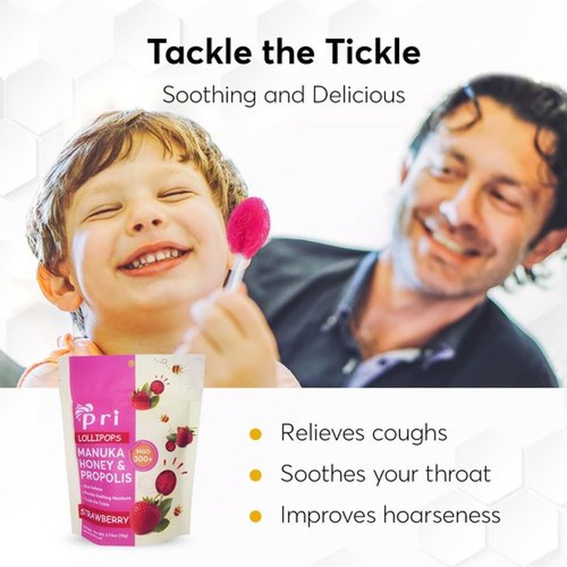 P.R.I Strawberry Manuka Honey Lollipops - Throat Soothing with Propolis & Menthol | 24 Count, MGO 300+