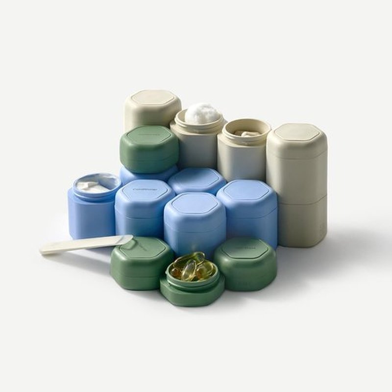 Cadence Travel Containers Basic Skincare Set - Magnetic Lids & Carry-On Essentials for Men/Women - 3 Small Capsules (0.56oz) - Cleanser, Moisturizer & Sun-Icon Labels - Pacific