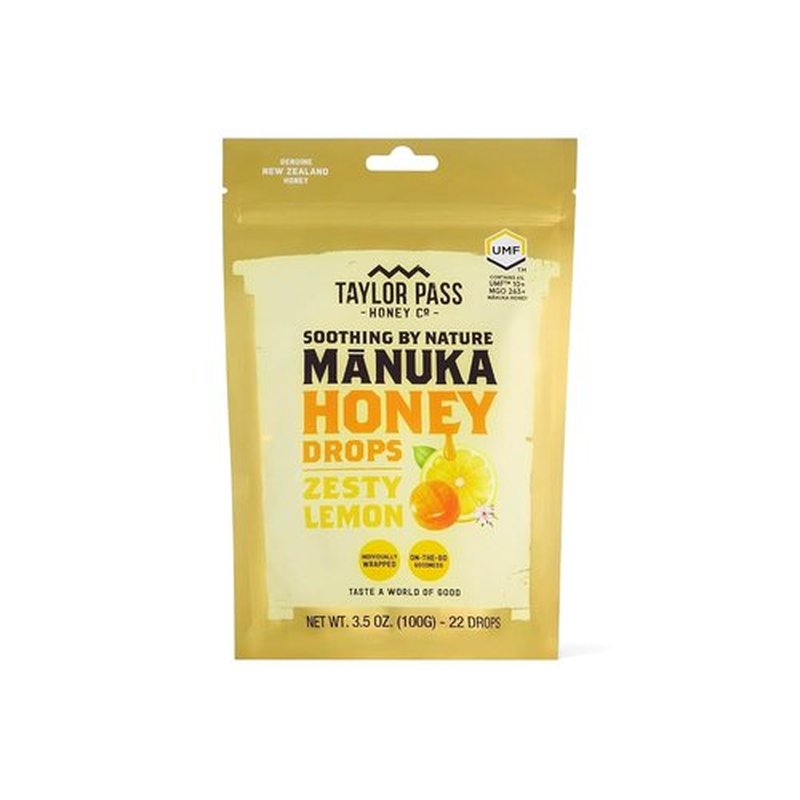 Taylor Pass Honey Co Mānuka Honey Drops UMF™ 10+ - Zesty Lemon Lozenges | Soothing On-The-Go Relief | 22 Wrapped Drops