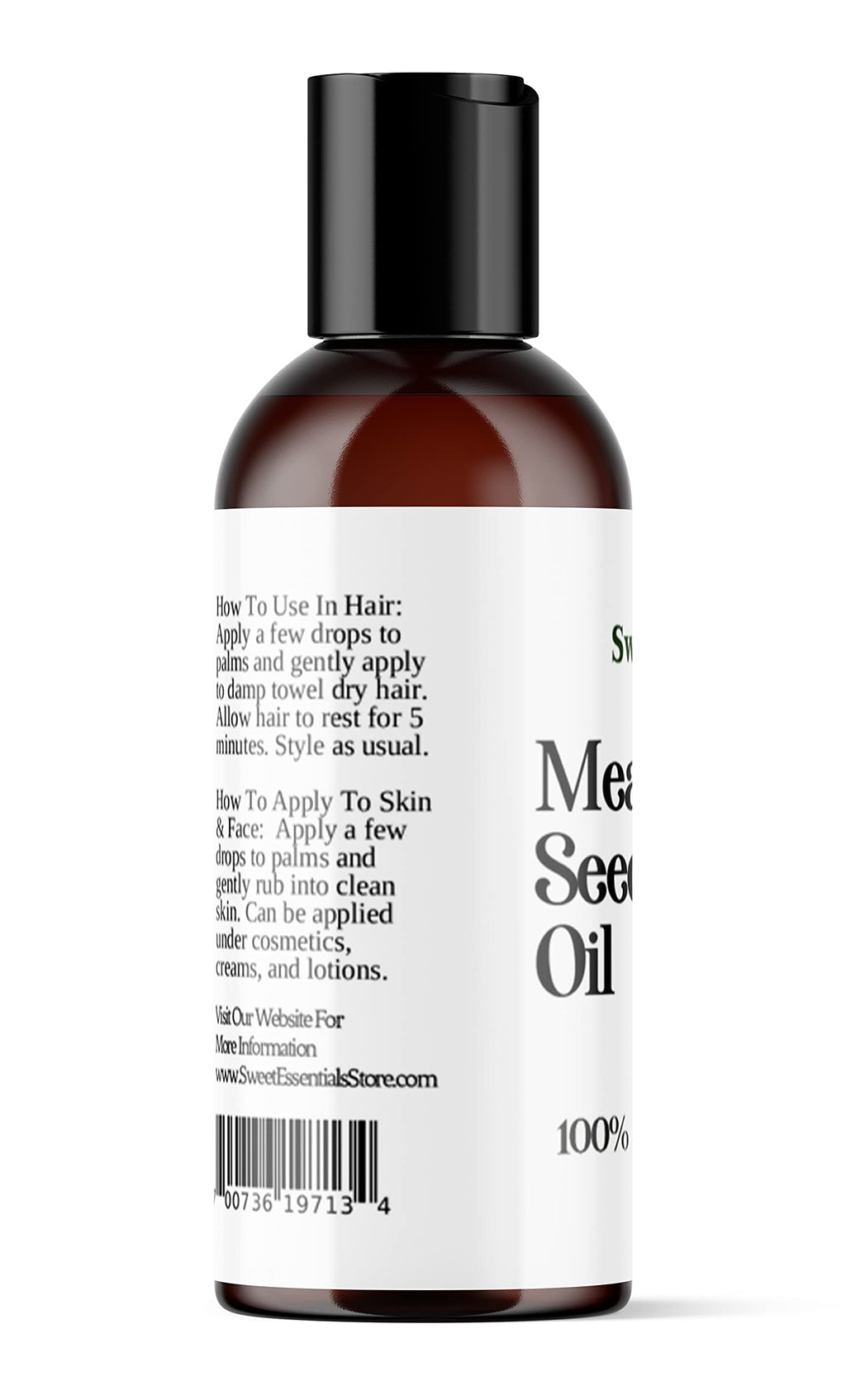 Sweet Essentials Premium Organic Meadowfoam Seed Oil, Imported From Canada, 2oz, 100% Pure, Cold Pressed - For Hair, Skin and Nails | Perfect Carrier Oil | Also Excellent For Mature Skin