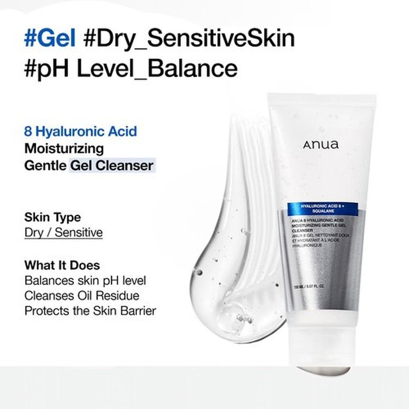 ANUA Moisturizing Gentle Gel Cleanser, Hyaluronic Acid, Squalane, Ceramide, Foaming Facial Korean Cleanser, pH Balance, Daily Hydrating Face Wash, Korean Skincare (150ml/5.07fl oz.)