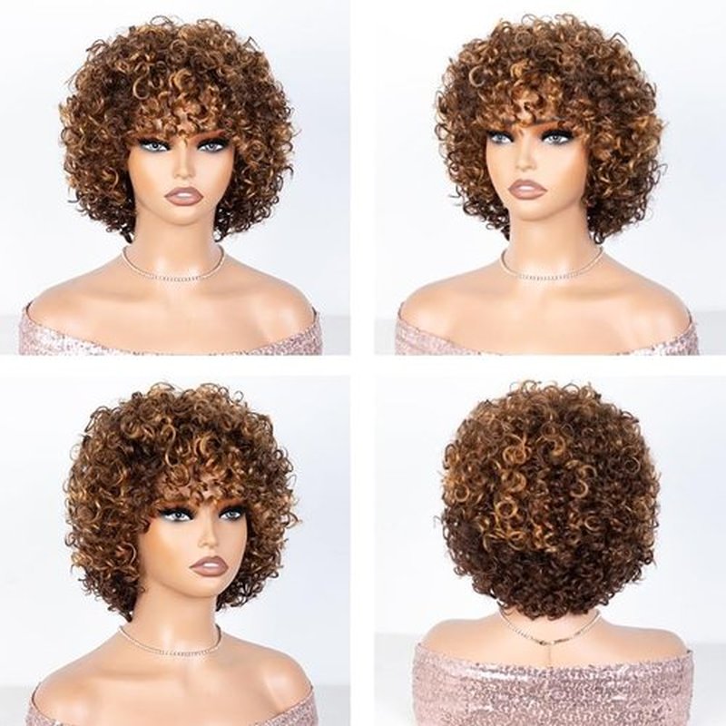 Kislemon Short Curly Human Hair Wigs For Black Women Glueless Afro Natural Curly Wig Brazilian Virgin 4/27 Color Pixie Cut Wig With Bangs 150% Density Highlight Ombre Blonde Wigs (Natural Curly)