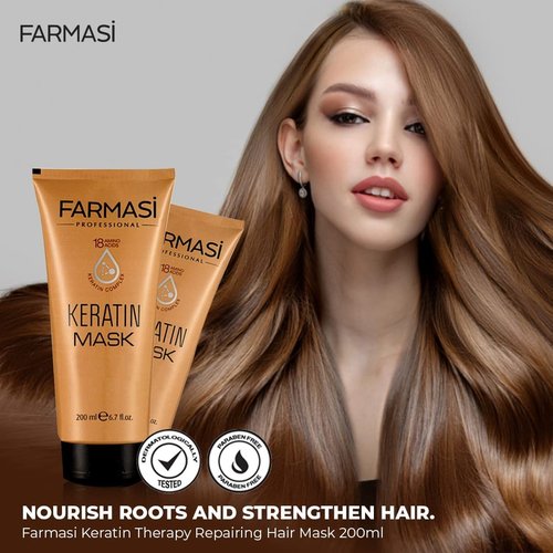 FARMASi Keratin Therapy Shampoo 12.2 fl oz & Hair Mask Set 6.7 fl oz: Repairing Cleanse & Deep Conditioning System for Dry Damaged Hair, Smoothness & Shine