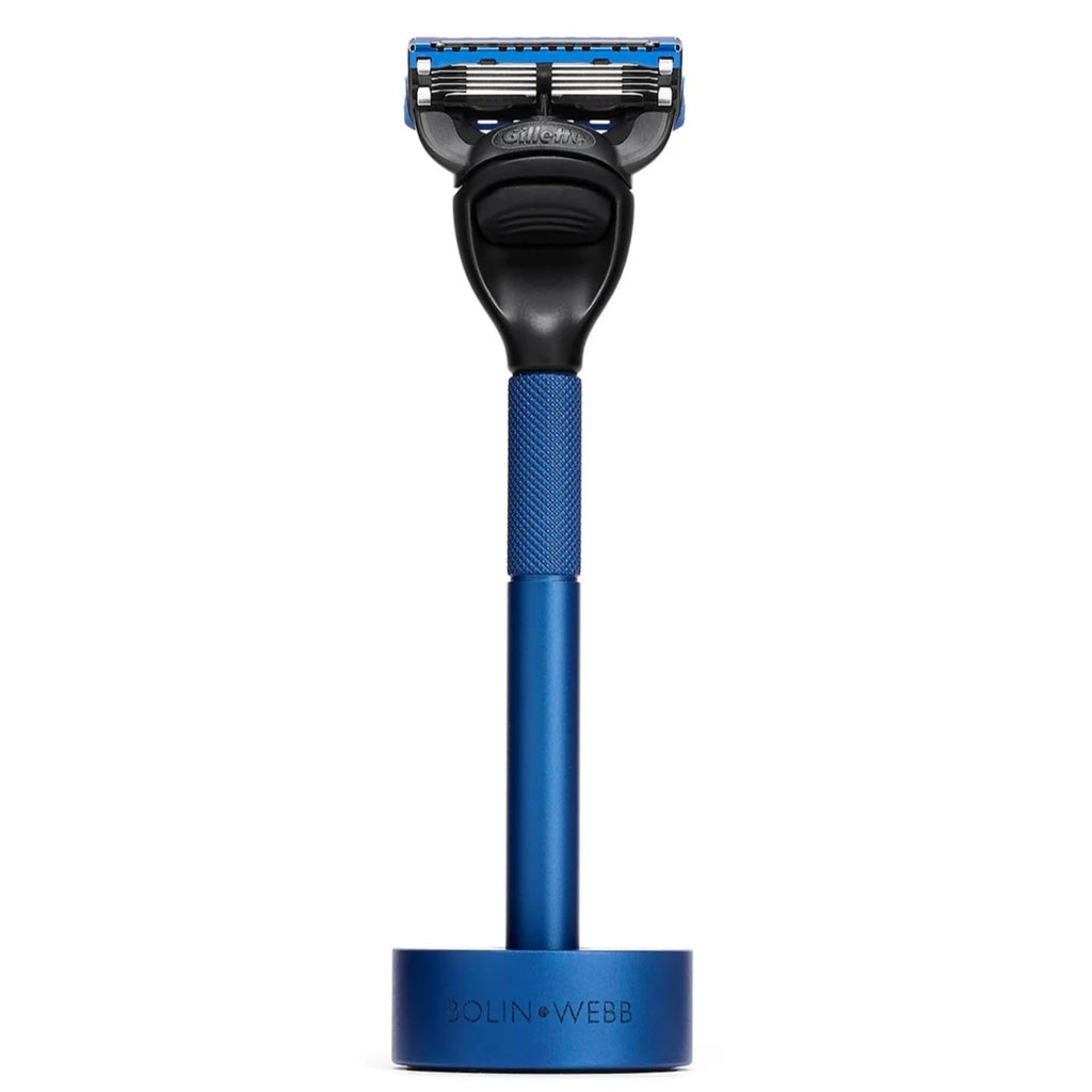 Bolin Webb Generation Razor & Stand - Luxury Razors for Men with Gillette Fusion 5 Blades, Premium Aluminum Shaving Razor for Smooth, Comfortable Shave, Ideal Gift & Daily Grooming Set (Blue)