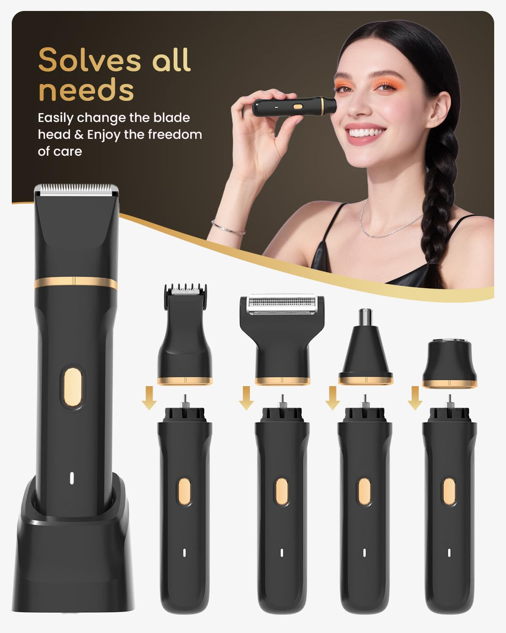 Bikini Trimmer for Women - 5 in 1 Electric Razors for Ladys Pubic Facial Nose Body Leg Hair Removal, Waterproof Electric Shaver for Women Private Area Sensitive Skin, Personal Hair Trimmer-Black