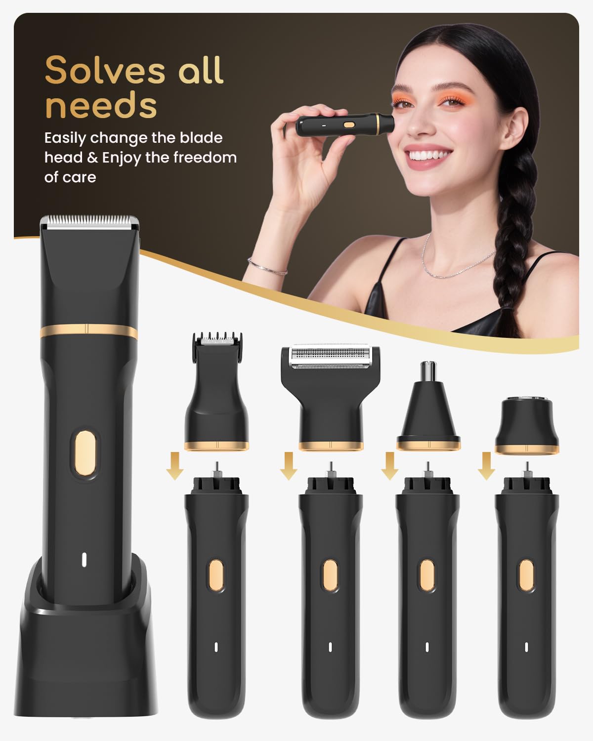 Bikini Trimmer for Women - 5 in 1 Electric Razors for Ladys Pubic Facial Nose Body Leg Hair Removal, Waterproof Electric Shaver for Women Private Area Sensitive Skin, Personal Hair Trimmer-Black