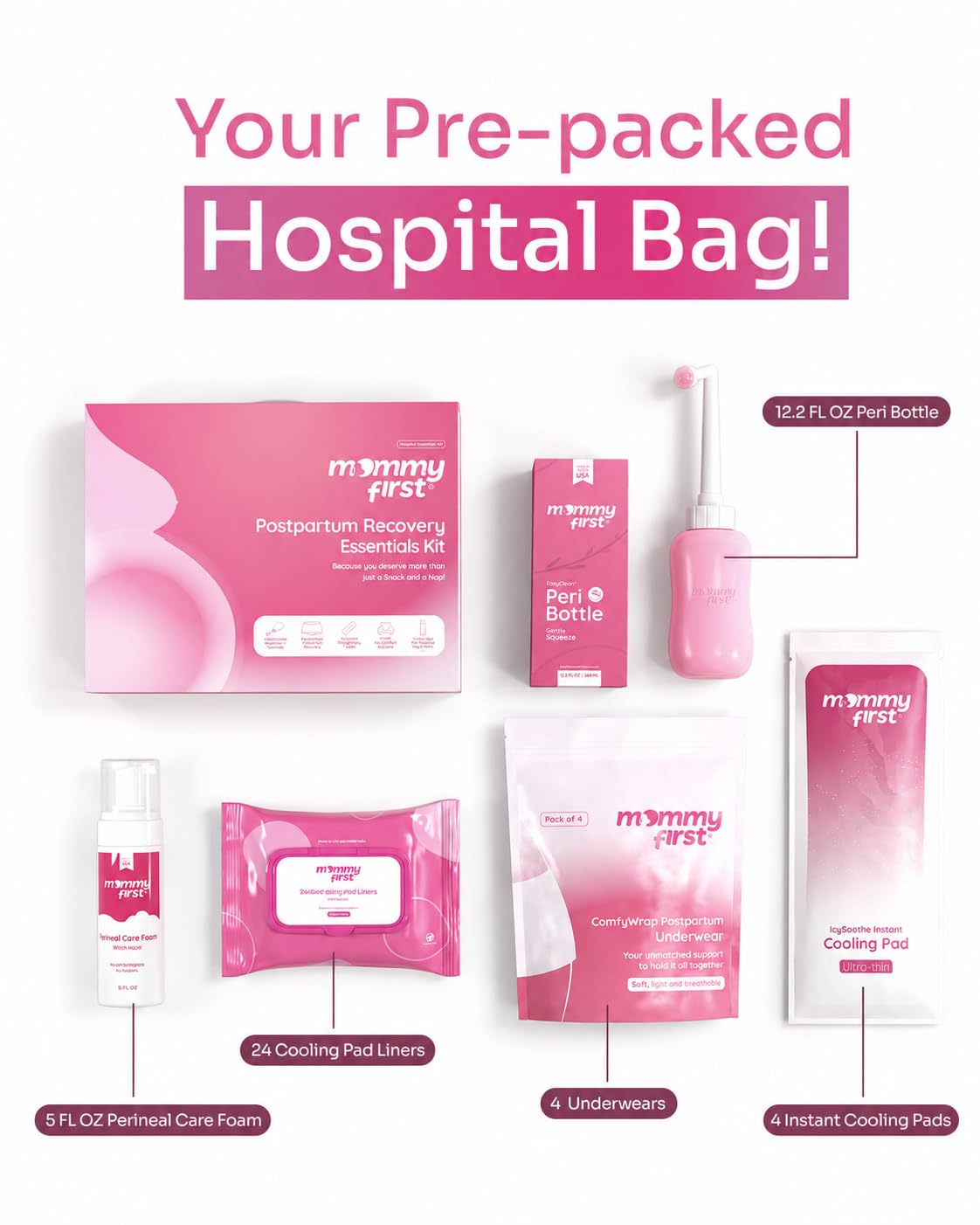 Mommy First® Postpartum Essentials Recovery Kit – Next-Gen Perineal Ice Packs, Alcohol-Free Witch Hazel Healing Foam and Liners, Upside Down Peri Bottle & Postpartum Underwear for Postpartum Recovery