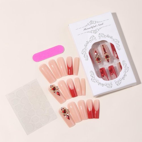 Rchovsam Xl French Tip Press on Nails Long Square False Nails Press Ons Red Love Diamond Design Fake Nail Red Stick on Nails Acrylic Full Cover Artificial Nail Gift for Women 24pcs