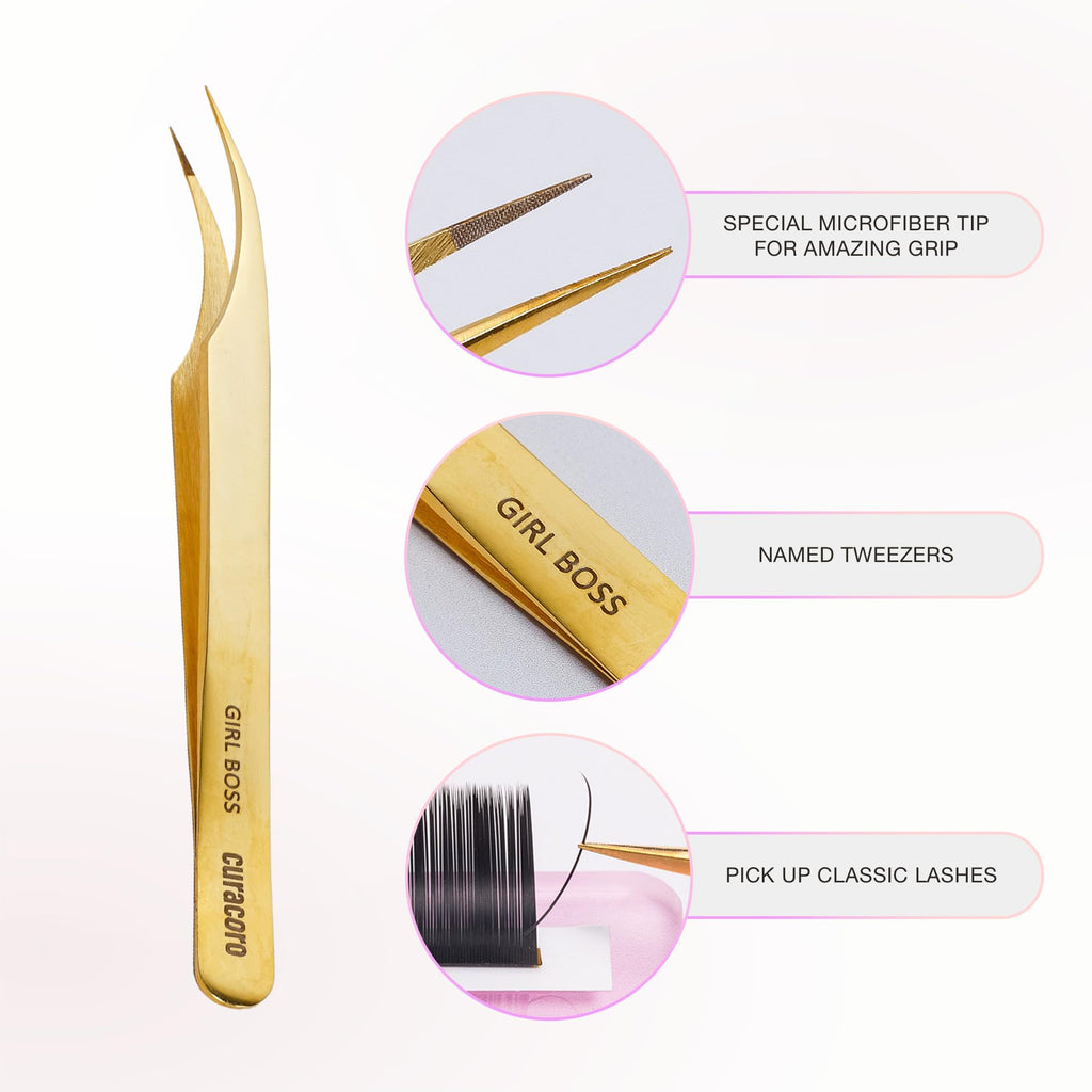 Curacoro Lash Tweezers, Fiber Tip Grip (Gold, Girl Boss)