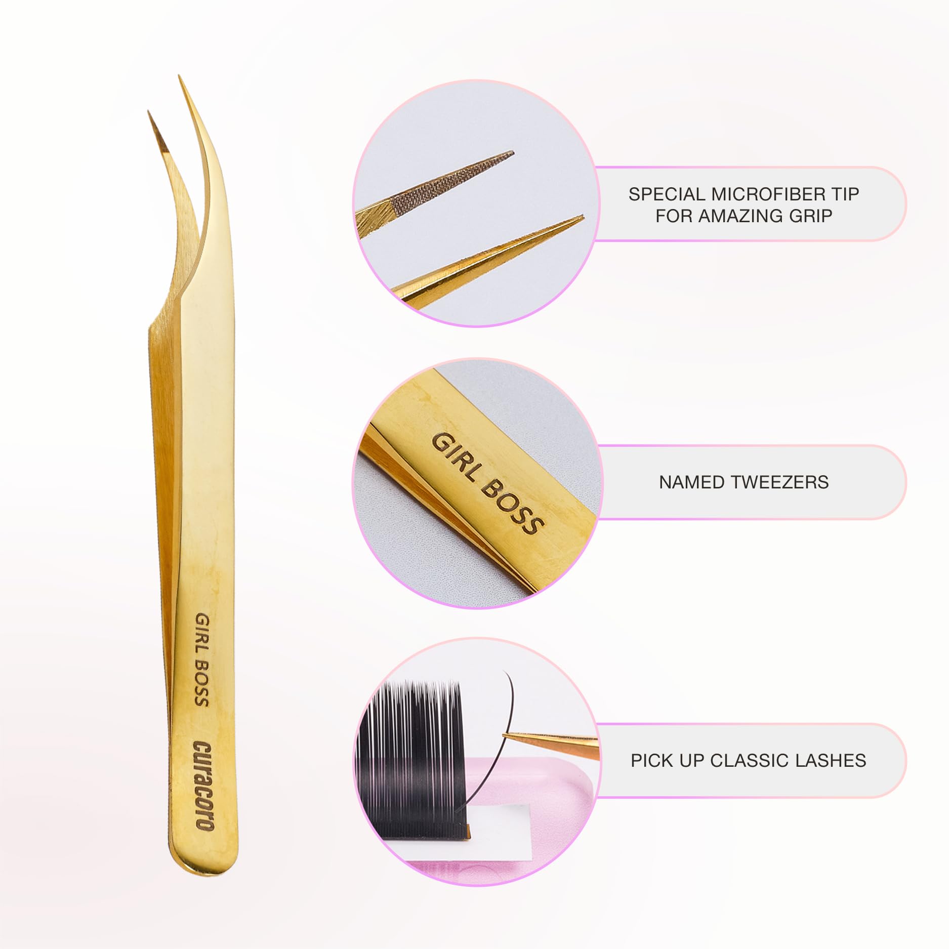 Curacoro Lash Tweezers, Fiber Tip Grip (Gold, Girl Boss)