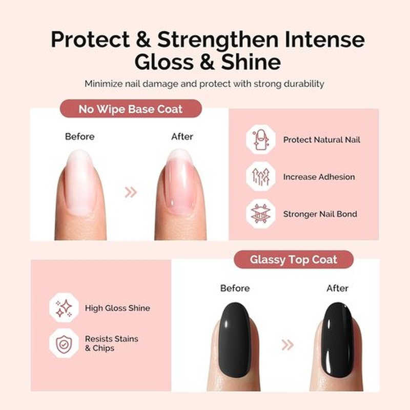 MelodySusie Top Coat & Base Coat Set - No Wipe Glossy Finish, Long Lasting Shine | 2 Pcs 15ml Clear Nail Polish Kit