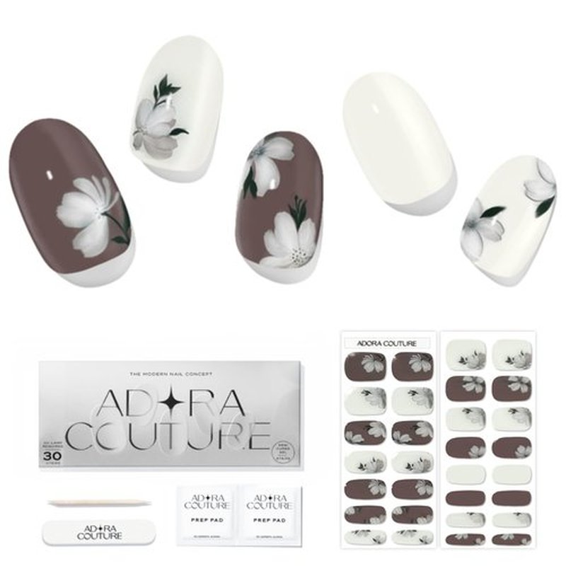 Adora Couture Semi Cured Gel Nail Strips with 30 Pieces - Salon Quality Manicure Kit for Women Easy Application Wraps Includes Prep Pads Nail File Wooden Stick, UV Light Required (Ivory Magnolia)