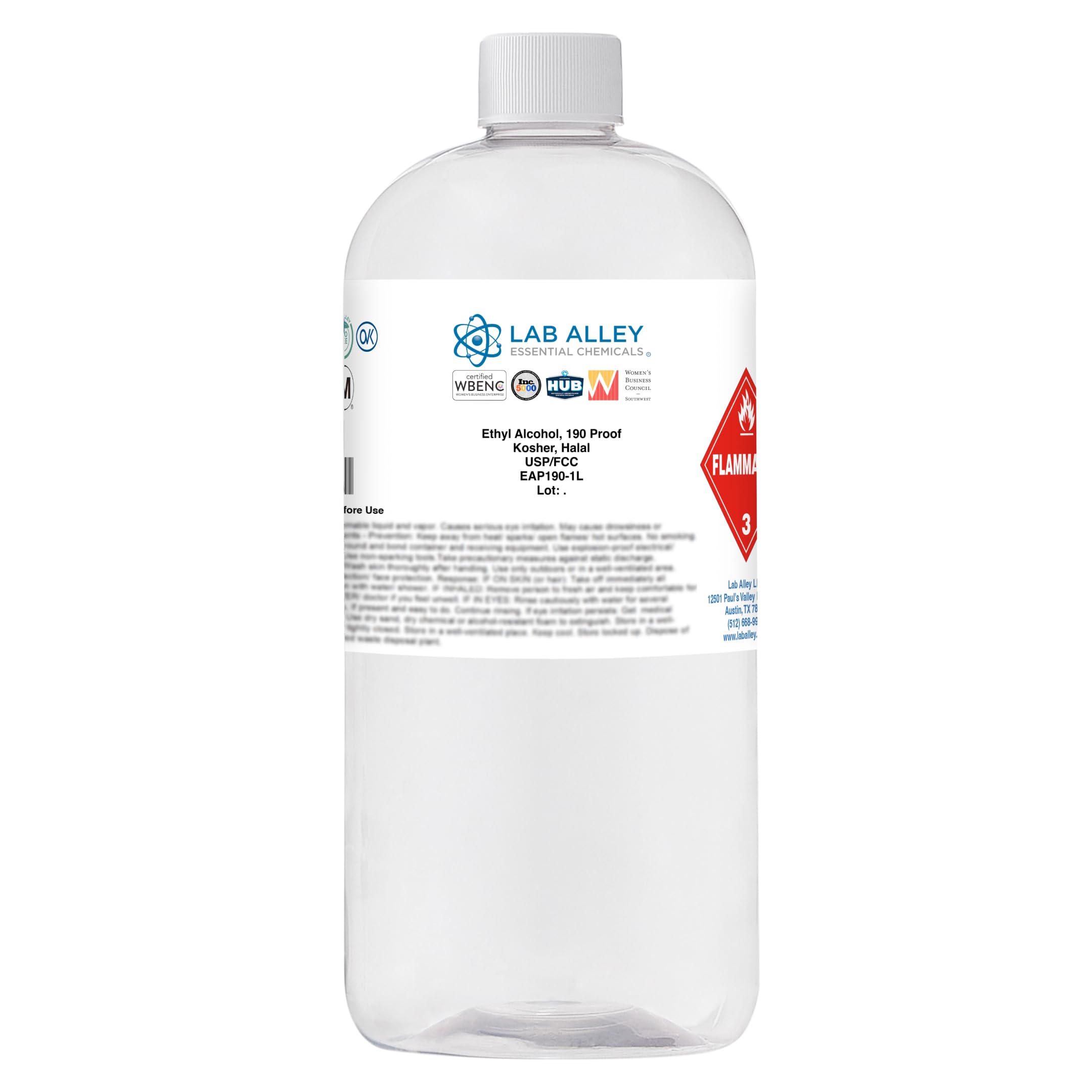 Lab Alley Ethanol 190 Proof (95%) USP/FCC Food Grade Alcohol, Grain Alcohol Solvent, Kosher, Laboratory & Extraction Use (1 Liter)