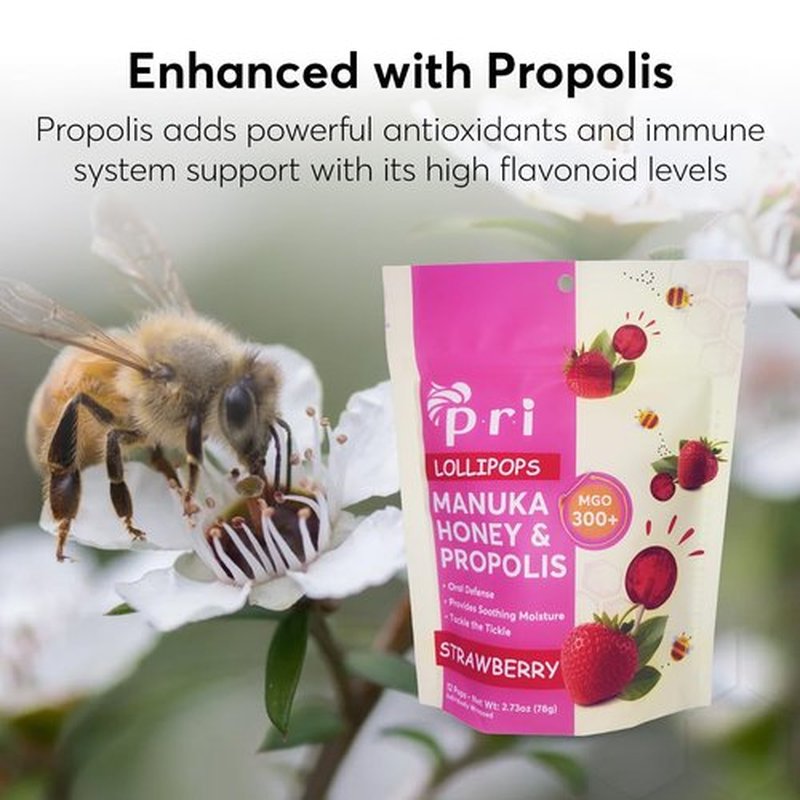 P.R.I Strawberry Manuka Honey Lollipops - Throat Soothing with Propolis & Menthol | 24 Count, MGO 300+