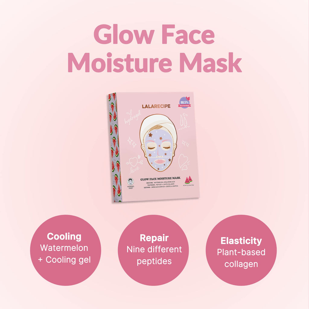 LALARECIPE Glow Face Moisture Mask – Hydrating & Cooling Hydrogel Facial with 8-Hyaluronic Acid, Watermelon & Peptides – Vegan Korean Skincare for Radiant Skin (Pack of 10)