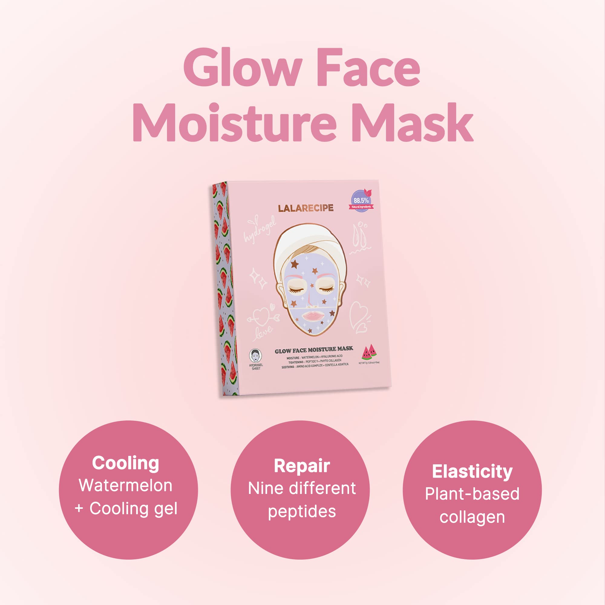 LALARECIPE Glow Face Moisture Mask – Hydrating & Cooling Hydrogel Facial with 8-Hyaluronic Acid, Watermelon & Peptides – Vegan Korean Skincare for Radiant Skin (Pack of 10)