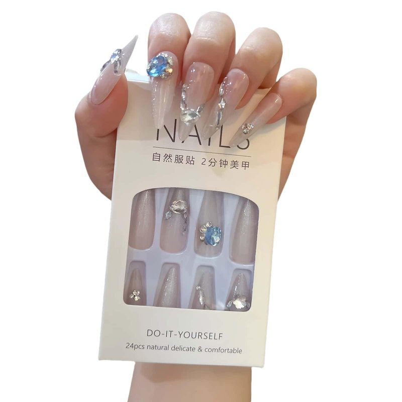 White Long Stiletto Fake Nails 30 Pcs Handmade Press on Nails Almond with Turquoise Blue 3D Crystals Designs Cute Glue on Nails Nude Gradient Gel Nail Artificial Stick on Nails for Women