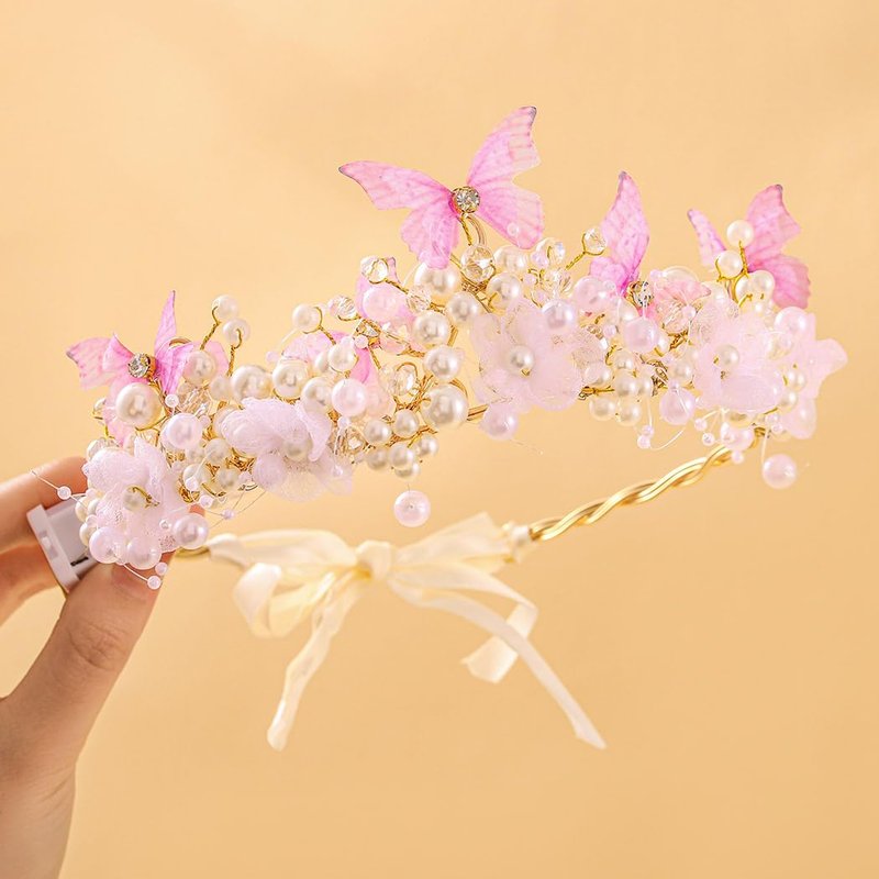 Yean Light up Butterfly Crown Flower Fairy Headband Gold Hair Accessories for Women and Girls