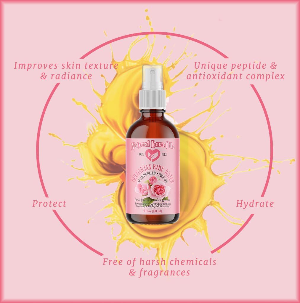 Natural Born Oils 4oz Rose Water Hydrosol, 100% Pure and Natural, Organic, Steam-distilled, Facial Toner Cleanser, with Sprayer