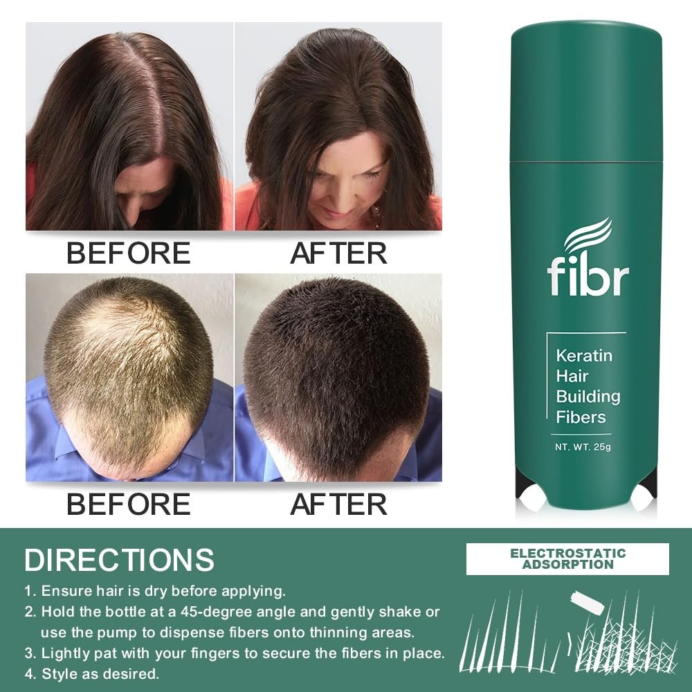 FIBR Hair Keratin Building Fibers, Fill In Fine and Thinning Hair for instant Full and Thick Look, Premium Hair Fibers For Both Men and Women (Med Brown)