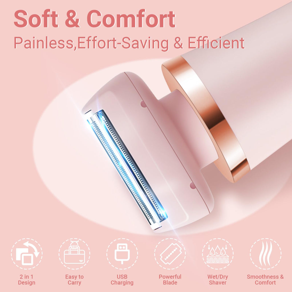 2-in-1 IPX7 Waterproof Wet Dry Bikini Shaver, Painless Wireless USB Rechargeable Portable Groomer for Women & Men Body Face