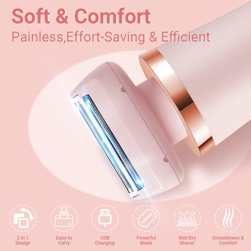 2-in-1 IPX7 Waterproof Wet Dry Bikini Shaver, Painless Wireless USB Rechargeable Portable Groomer for Women & Men Body Face