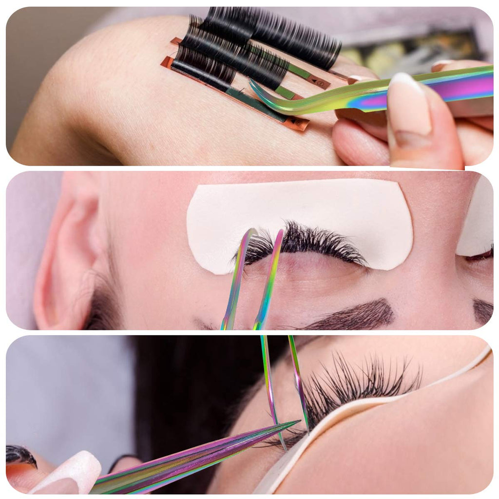 Eyelash Extension Tweezers Set, Fangze 7 Pcs Lash Kit Rainbow Stainless Steel Straight and Curved Tweezer for Nail Art Ingrown Hair Craft