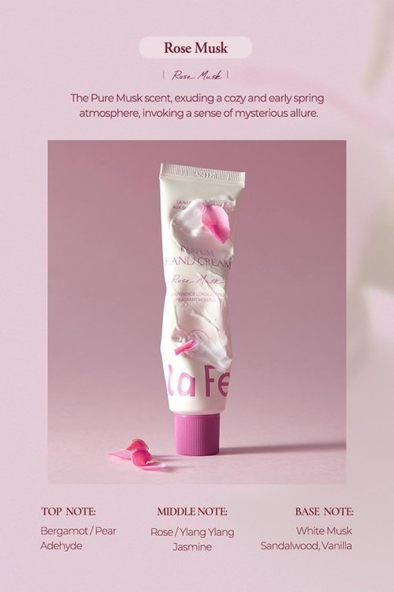 laferme Perfume Hand Cream 2.02 Fl. Oz. (Rose Musk) | Vegan & Travel-Sized Non Sticky Hand Lotion with Shea Butter | Hydrating & Nourishing for Dry Skin, Korean Skincare for Women & Men