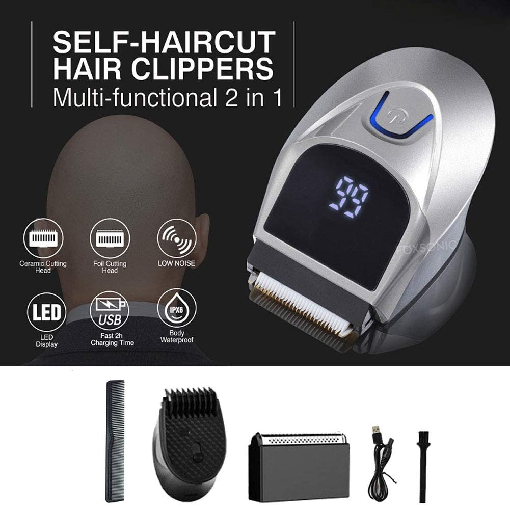 SUYOOULIN Self-Haircut Hair Clippers, Shortcut Grooming Haircut Kit, Waterproof Rechargeable Cordless Electric Hair Trimmer Men Head Clippers, 2 Cutting Heads, 4-in-1 Limit Comb (Grey)