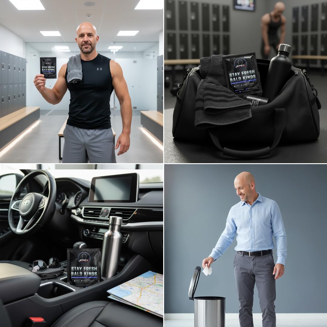 Apex Head Wipes. Cooling Bald Head & Scalp Wipes for Men – Sweat Wipes for Gym, Workouts, Travel & Hat Sweat – Alcohol-Free Post-Shave Cleansing Wipes – Individually Wrapped – 5 Pack
