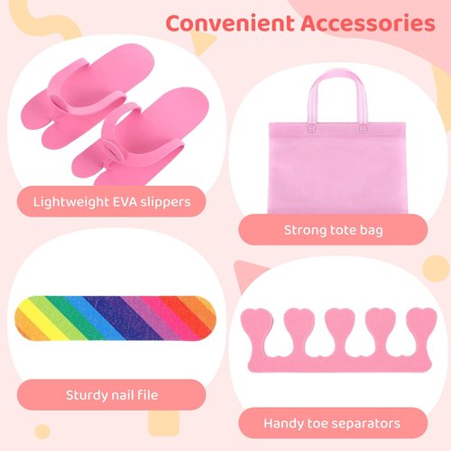 Tideme 64 Pcs Kids Foot Spa Kit for Girl Spa Party with Pink Washbasin Salon Towels Nail Kit for DIY Manicure, Sleepover Party Favors for Little Ones, Foot Care Kit